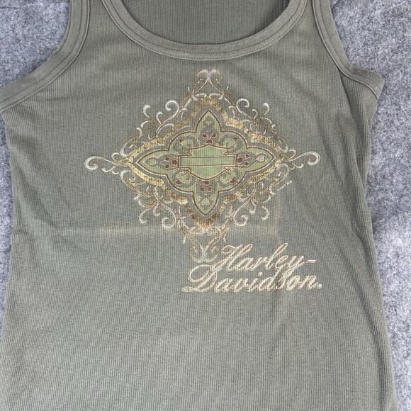 Harley Davidson Tank Top Womens Medium Y2K Ribbed Knit Green Made In USA Stretch - Picture 5 of 9